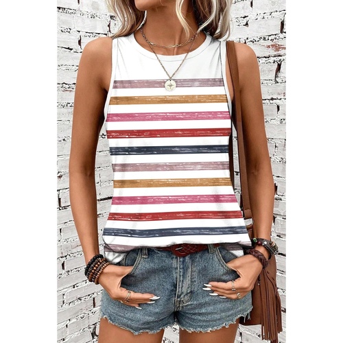 Red Stripe Rainbow Round Neck Tank Top - L - Main Image
