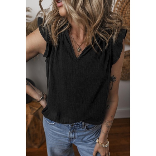 Black Ruffled Shoulder V Neck Shift Tank Top - L - Main Image