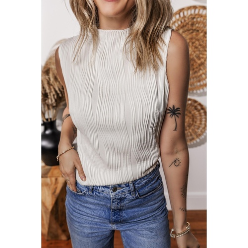 White Solid Color Wavy Textured Round Neck Tank Top - M - Main Image