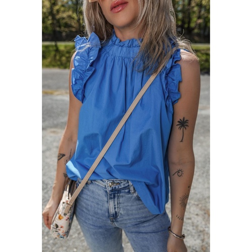 Sky Blue Frilled Neck Ruffled Armholes Buttoned Back Tank Top - L - Main Image