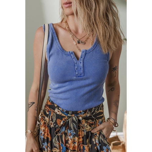 Sky Blue Mineral Wash Ribbed Notch Neck Tank Top - L - Main Image
