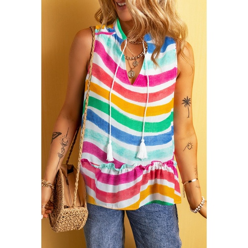 Rose Red Rainbow Stripes Ruffled Hem Drawstring V Neck Tank Top - L - Main Image