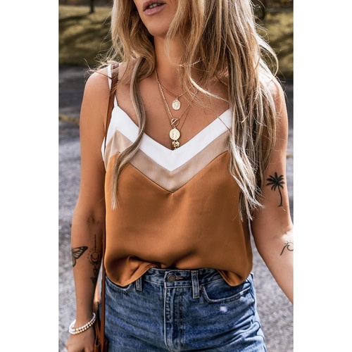 Khaki Chevron Color Block Spaghetti Straps Tank Top - L - Main Image