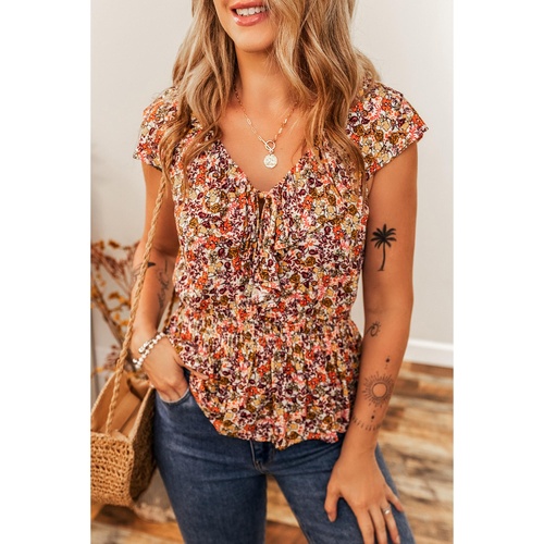 Red Floral Print Knot V Neck Ruffled Sleeve Blouse - XL - Main Image