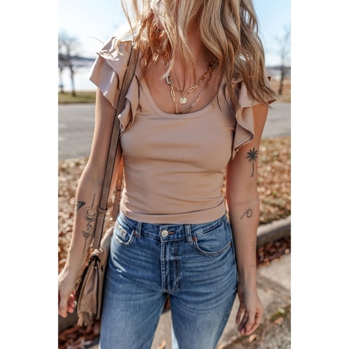 Smoke Gray Ribbed Knit Ruffled Shoulder Slim Fit Tank Top - XL - Main Image