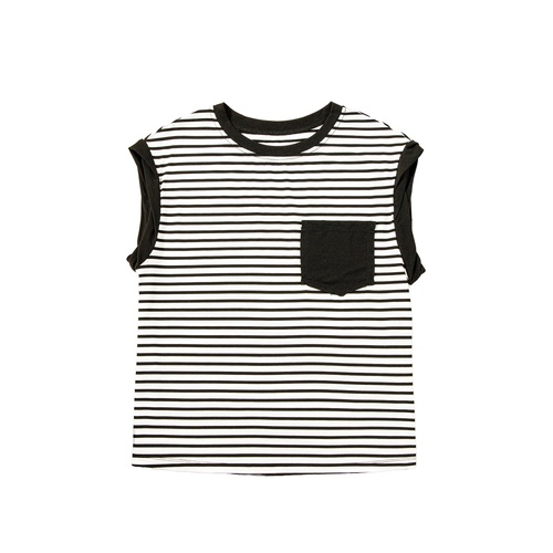Black Stripe Chest Pocket Patch Round Neck Tank Top - L - Main Image