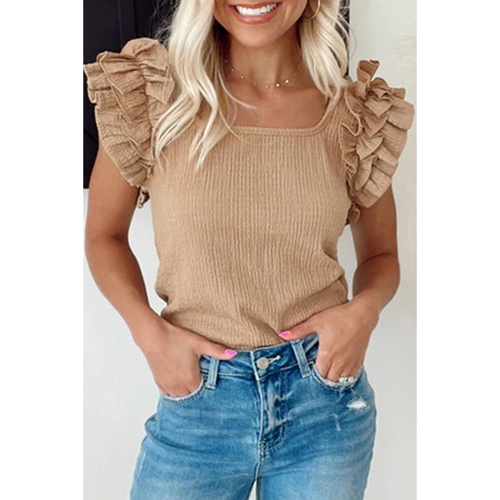 Smoke Gray Ruffled Tiered Sleeve Square Neck Textured Top - L - Main Image