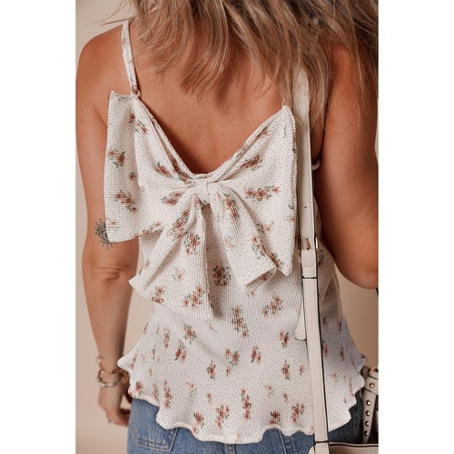 White Floral Pleated Big Bow Back Spaghetti Straps Tank Top - L - Main Image