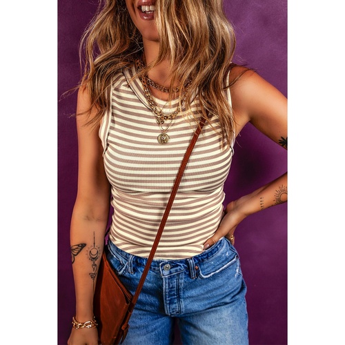 Khaki Stripe Exposed Seam Trim Round Neck Sleeveless Top - L - Main Image