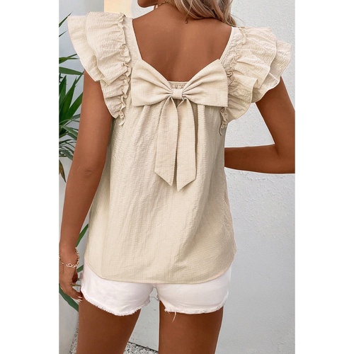 Beige Textured Bow Knot Frilled Butterfly Sleeve Blouse - XL - Main Image