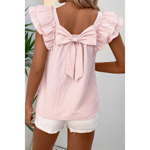 Gossamer Pink Textured Bow Knot Frilled Butterfly Sleeve Blouse - L - Main Image