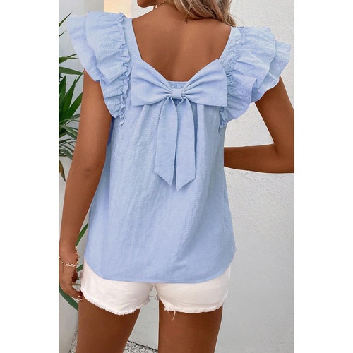 Beau Blue Textured Bow Knot Frilled Butterfly Sleeve Blouse - L - Main Image