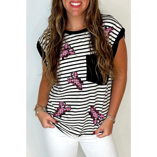 Black Stripe Sequined Lobster Patched Pocket Casual Tank Top - L - Main Image