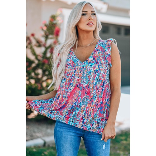 Boho Pattern Print Flounce V Neck Tank Top - L - Main Image