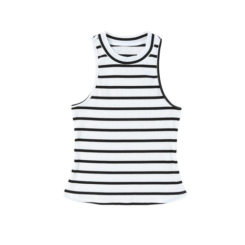 White Striped Print Ribbed O-neck Sleeveless Top - L - Main Image
