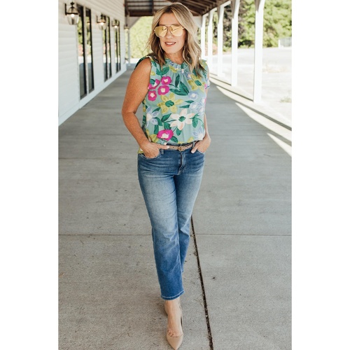 Green Floral Print Ruffle Trim Tank Top - M - Main Image