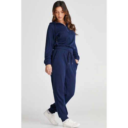 Navy Blue Ribbed Knit Cropped Hoodie and Drawstring Joggers Set - L - Main Image