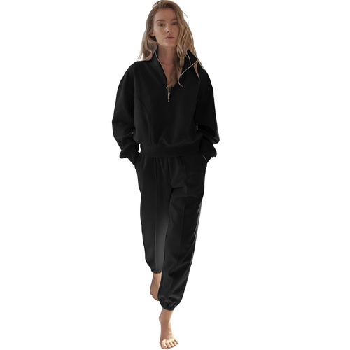 Black Half Zip up Pullover Active Top and Joggers Set - L - Main Image