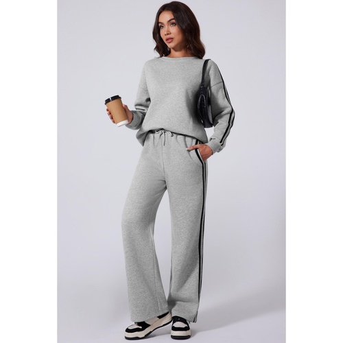 Light Grey Solid Color Side Striped Sweatshirt Active Set - 2XL - Main Image