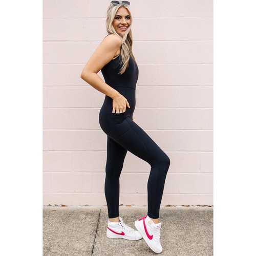 Black High Waist Backless Side Pockets Sports Jumpsuit - XL - Main Image