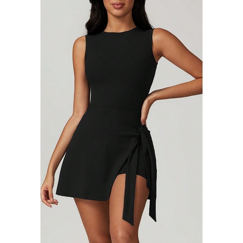 Black Sleeveless Knot Skirt Hem Sports Romper - L - Main Image