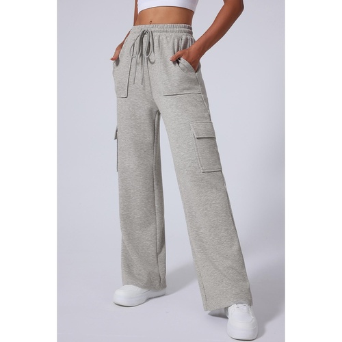 Light Grey Multi Pockets Lace-up High Waist Wide Leg Workout Pants - S - Main Image