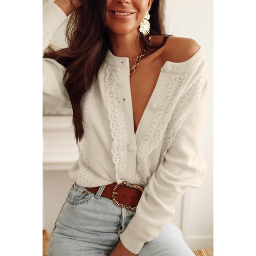 Apricot Lace Trim Ribbed Round Neck Button Up Cardigan - L - Main Image