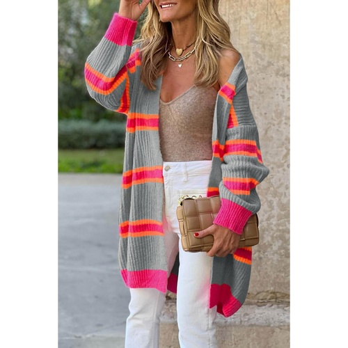 Medium Grey Stripe Printed Ribbed Long Knitted Cardigan - L - Main Image