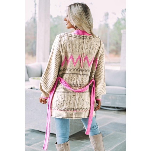 Gray Geometric Cable Knit Pocketed Open Front Cardigan - L - Main Image