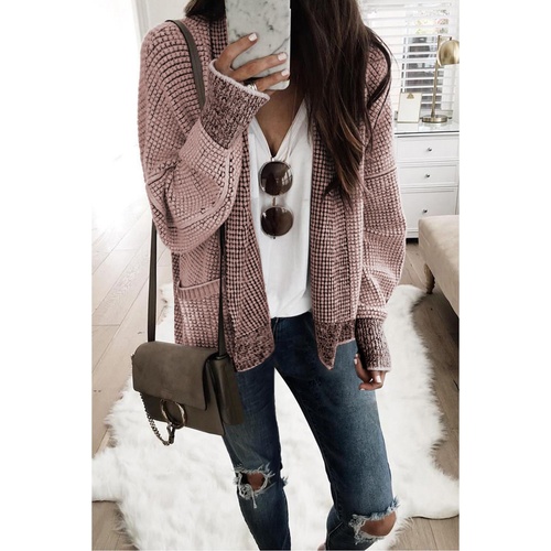 Pink Chunky Waffle Knit Oversized Collar Cardigan - L - Main Image