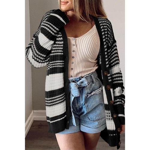 Black Colorblock Textured Knit Buttoned Cardigan - M - Main Image