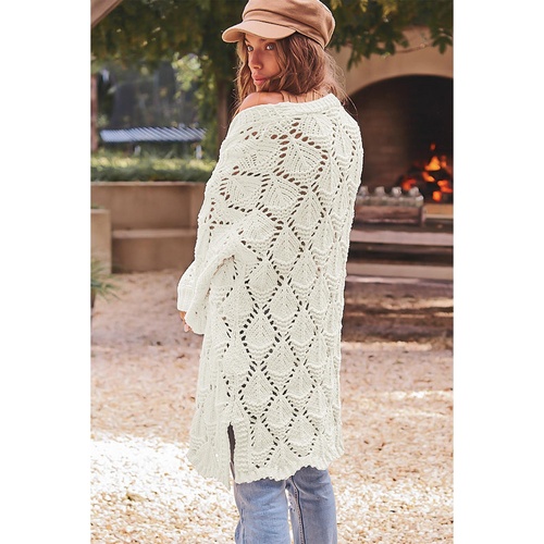 White Rhombus Hollowed Knit Open Front Cardigan - S - Main Image