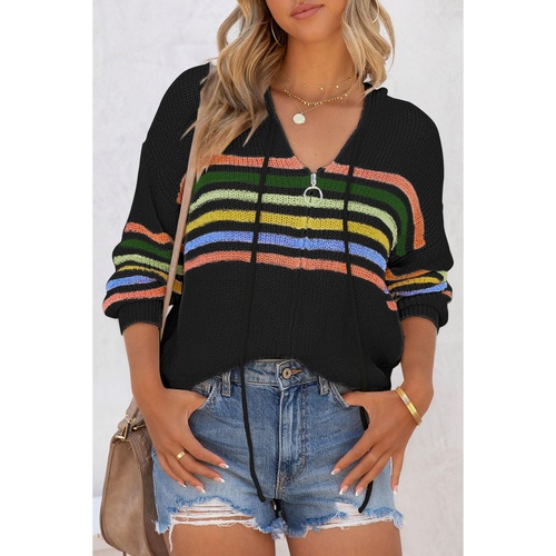 Black Striped Detail Zip Up Hooded Sweater Cardigan - 2XL - Main Image