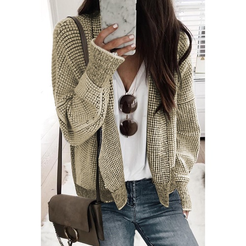 Apricot Plaid Contrast Trim Open Front Cardigan - S - Main Image