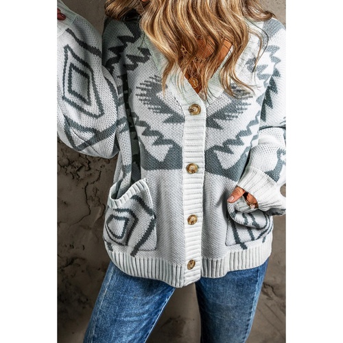 Light Grey Geometric Pattern Ribbed Trim Button-Up Cardigan - L - Main Image