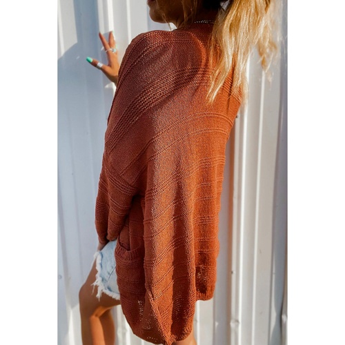 Tomato Red Open Front Textured Knit Cardigan with Pockets - M - Main Image