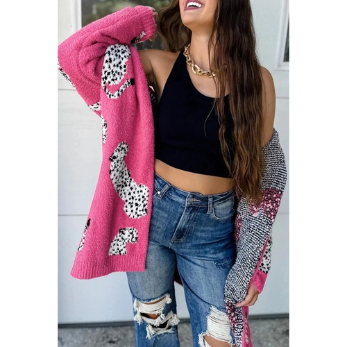 Azura Exchange Rose Red Cheetah Pattern Open Front Knitted Cardigan - M - Main Image