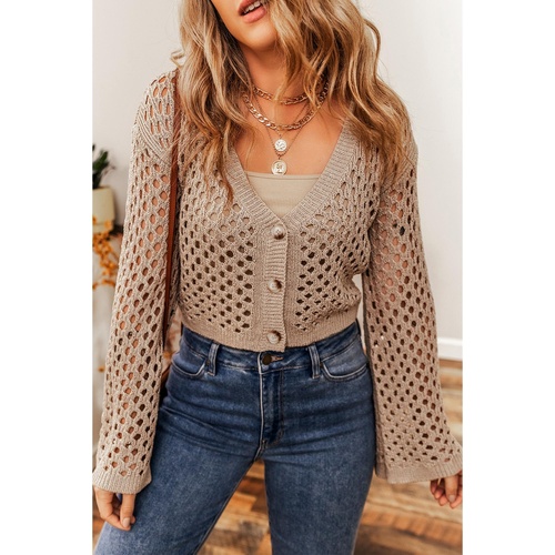 Smoke Gray Pointelle Knit V Neck Button Up Crop Cardigan - L - Main Image