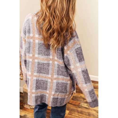 Sky Blue Fuzzy Plaid Collared Button Up Cardigan - M - Main Image