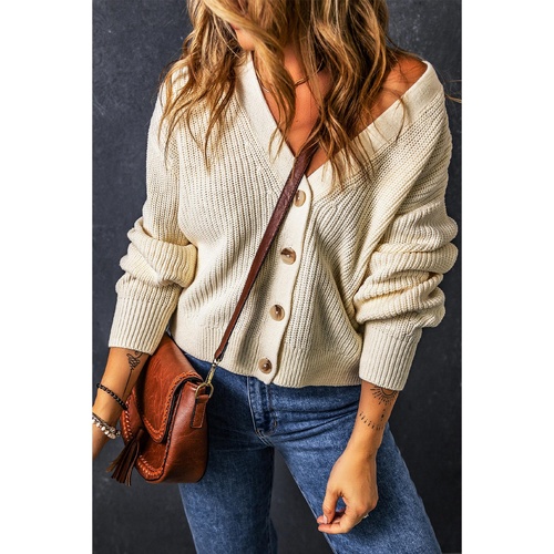 Beige Plain Knitted Buttoned V Neck Cardigan - M - Main Image