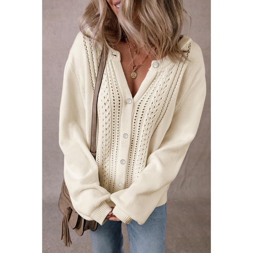 Apricot Pleated Sleeve Hollow Detail Button Sweater Cardigan - L - Main Image