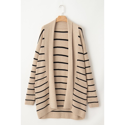 Black Stripe Shawl Neckline Open Cardigan with Pockets - XL - Main Image