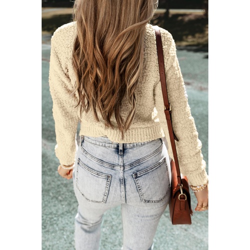 Oatmeal Pearl Buttons Popcorn Textured Sweater Cardigan - L - Main Image