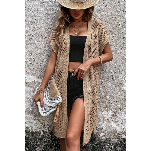 Camel Batwing Sleeve Pointelle Knit Open Front Cardigan - S - Main Image