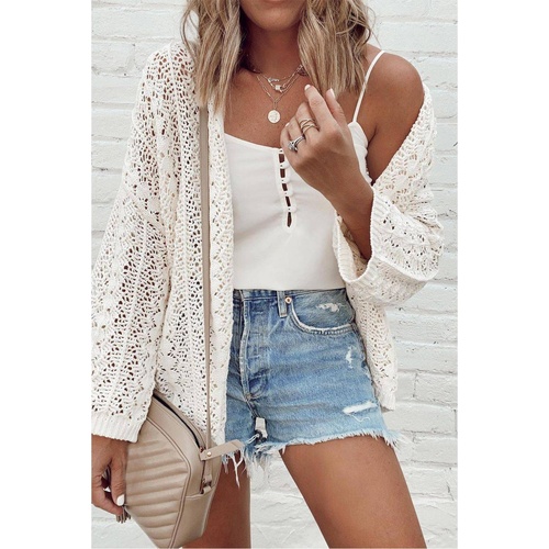 White Stylish Hollow Out Knit Drop Shoulder Cardigan - L - Main Image
