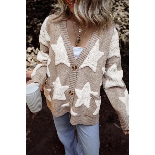 Khaki Sherpa Star Pattern Textured Sweater Cardigan with Pockets - L - Main Image