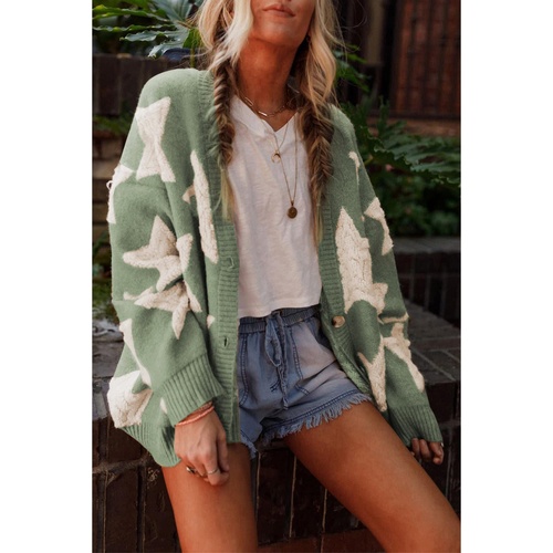 Green Sherpa Star Pattern Textured Sweater Cardigan with Pockets - S - Main Image