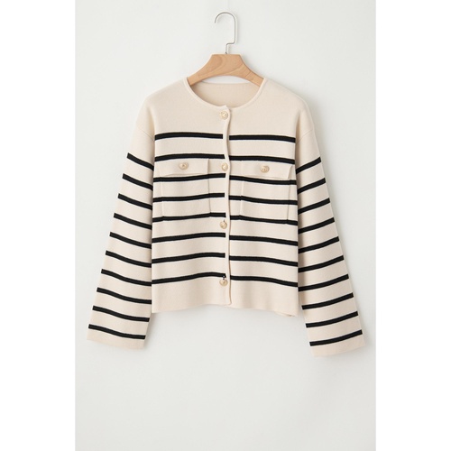 Black Stripe Flap Pocket Buttoned Cardigan Sweater - M - Main Image