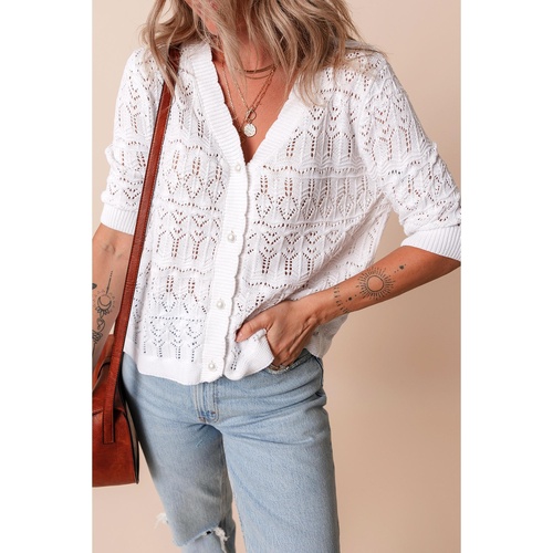 White Frenchy Hollow Out Knitted V Neck Cardigan - L - Main Image