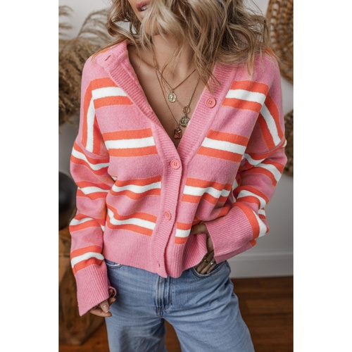 Pink Stripe Drop Shoulder Buttons Cardigan Sweater - 2XL - Main Image